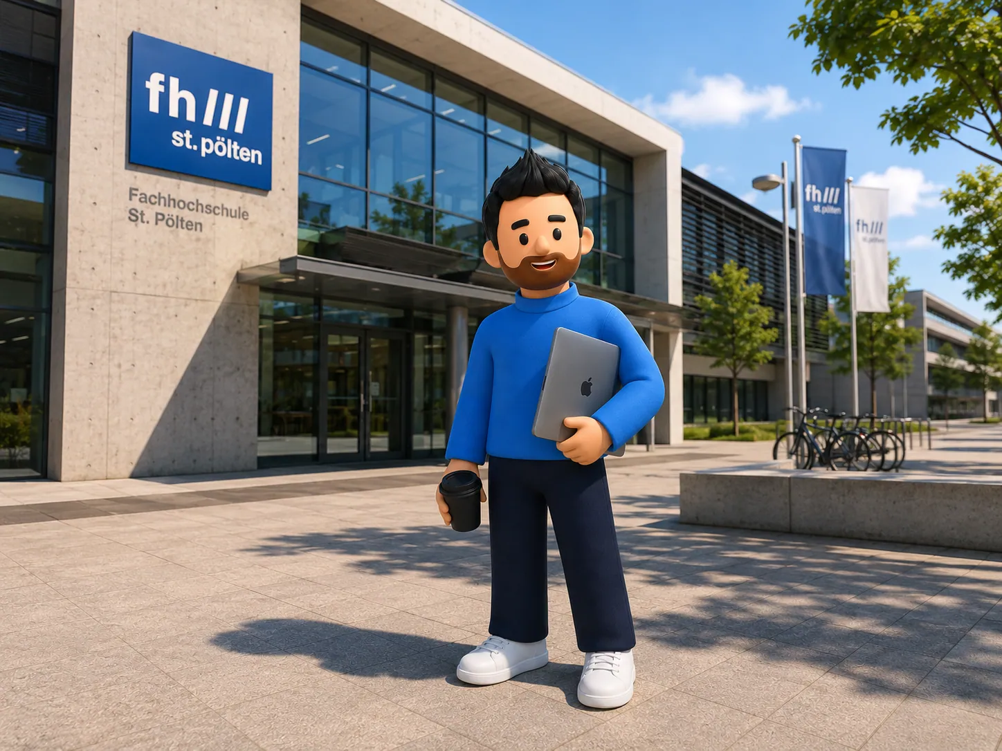 Illustrated 3D Felipe holding a laptop and a coffee in front of the FH St. Pölten university building