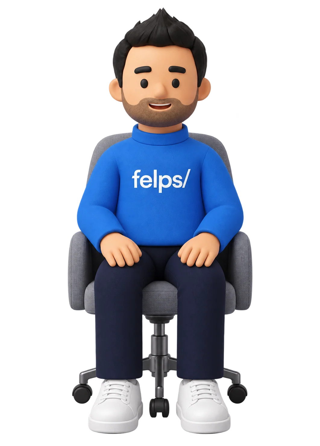 Illustrated 3D Felipe sitting on an office chair, hands resting on his knees