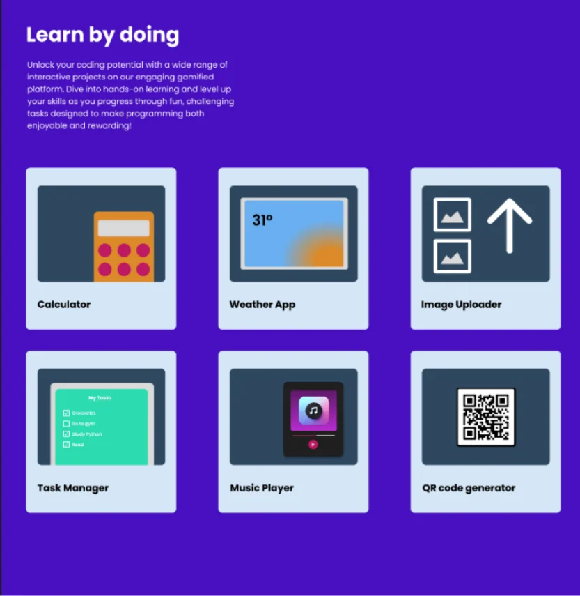 Click dummy screen “Learn by doing” with project cards: calculator, weather app, image uploader, task manager, music player and QR code generator.