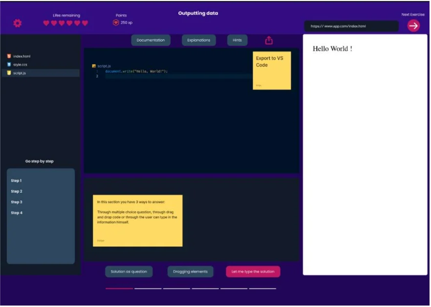 A practice playground with an editor, instructions and a preview.