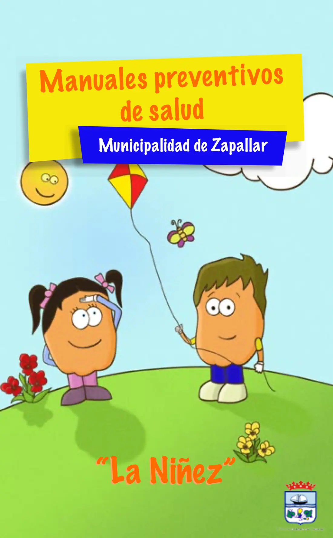 Cover of “La Niñez”: two pumpkin characters fly a kite on a green hill.