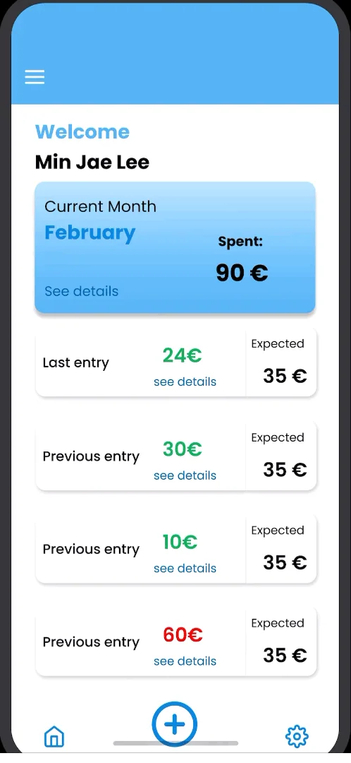 Home screen of the app: spending of the current month and previous entries against what was expected.