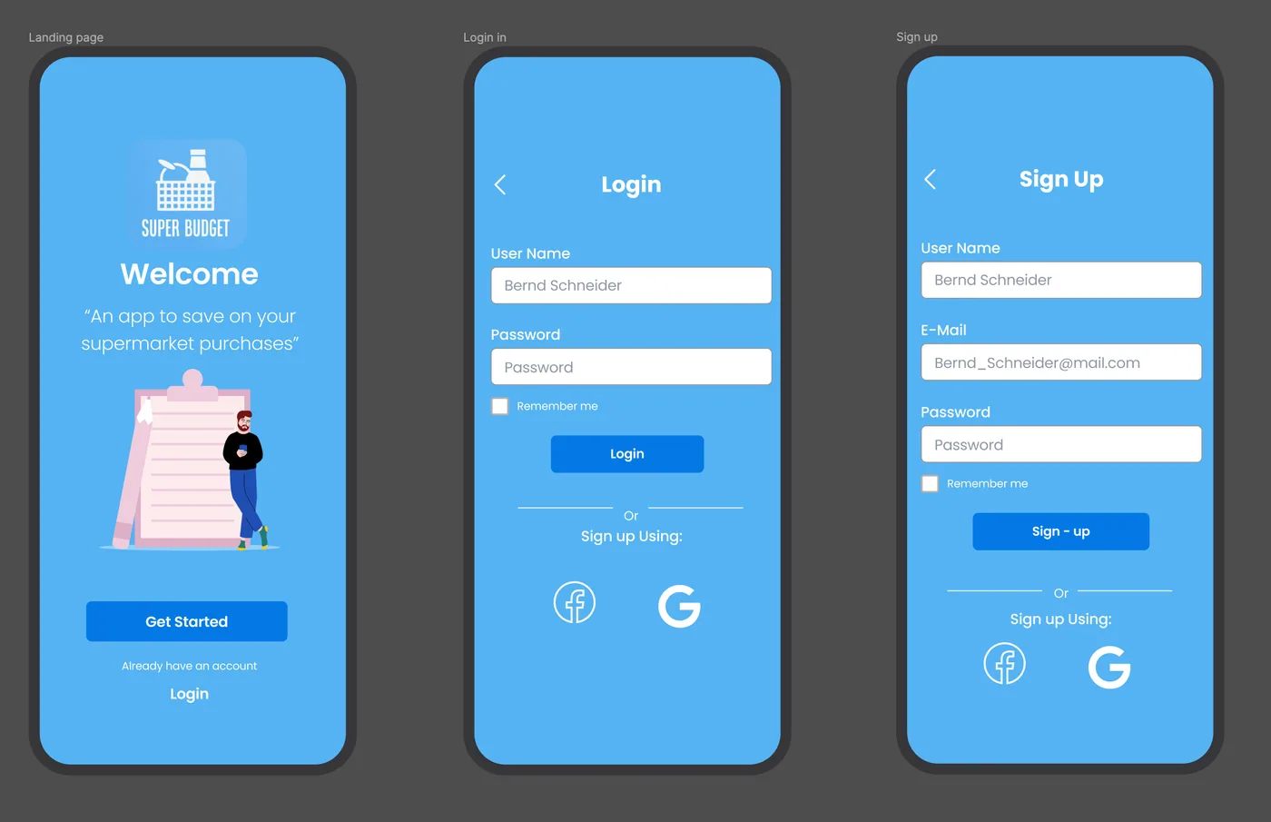 Welcome, log-in and sign-up screens in blue.