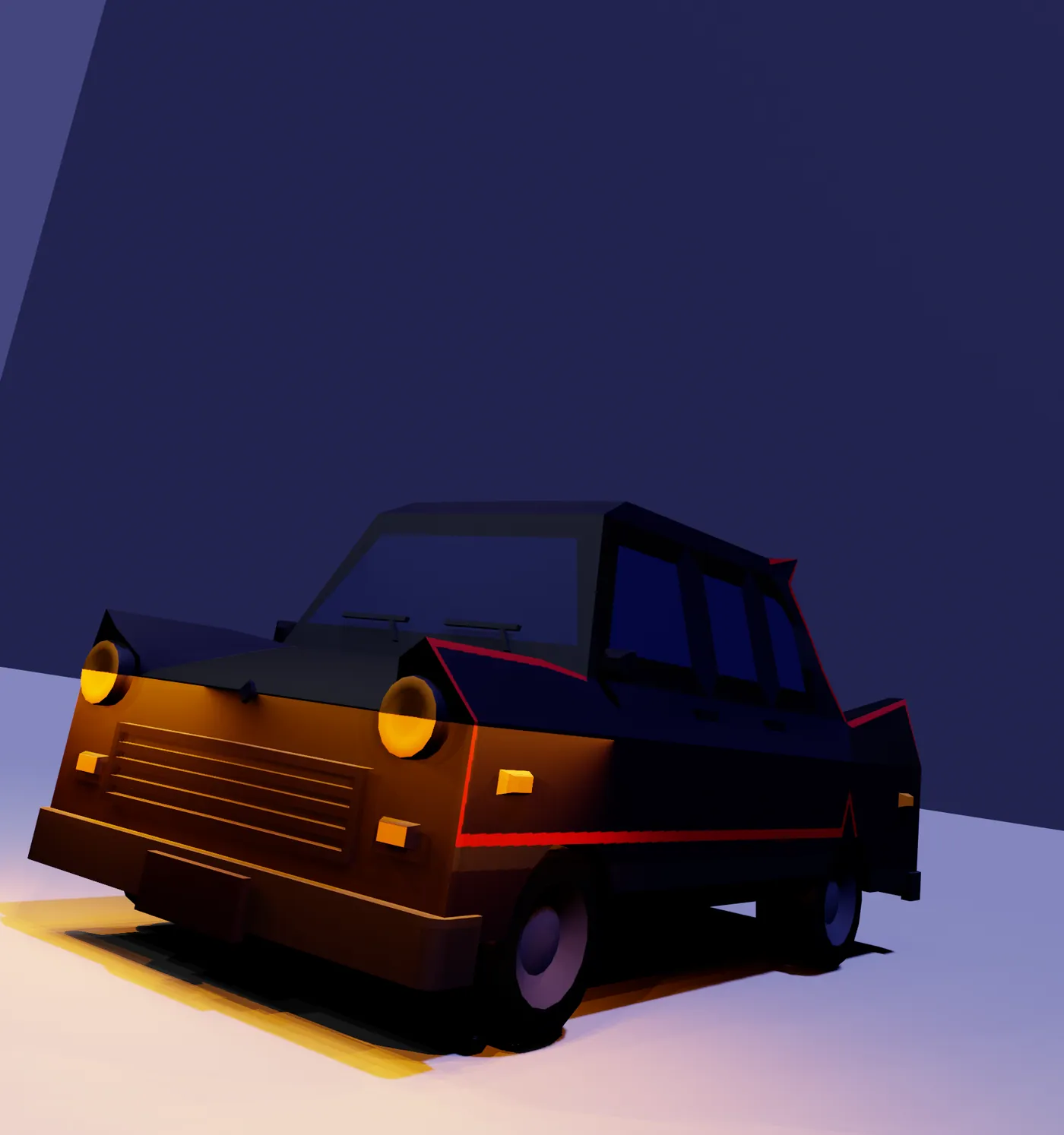 A dark retro car with glowing headlights on a lilac floor.