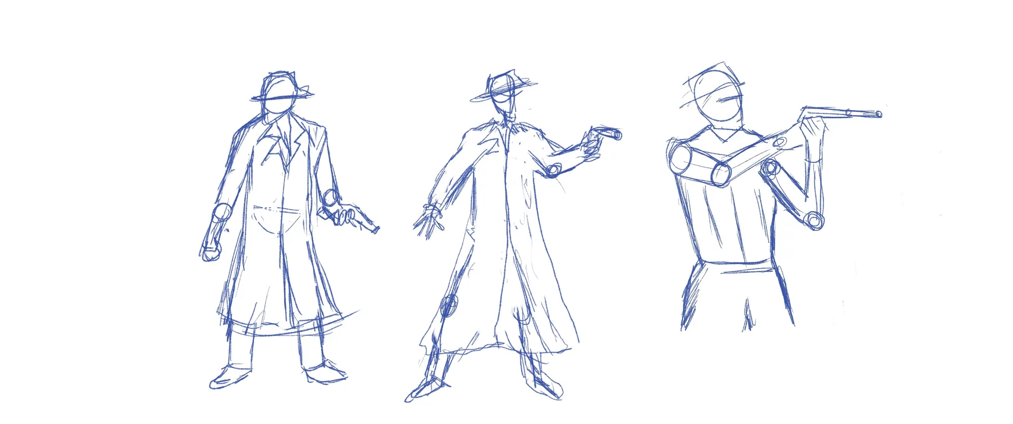 Blue pencil sketches of the detective walking, pointing a gun and aiming.
