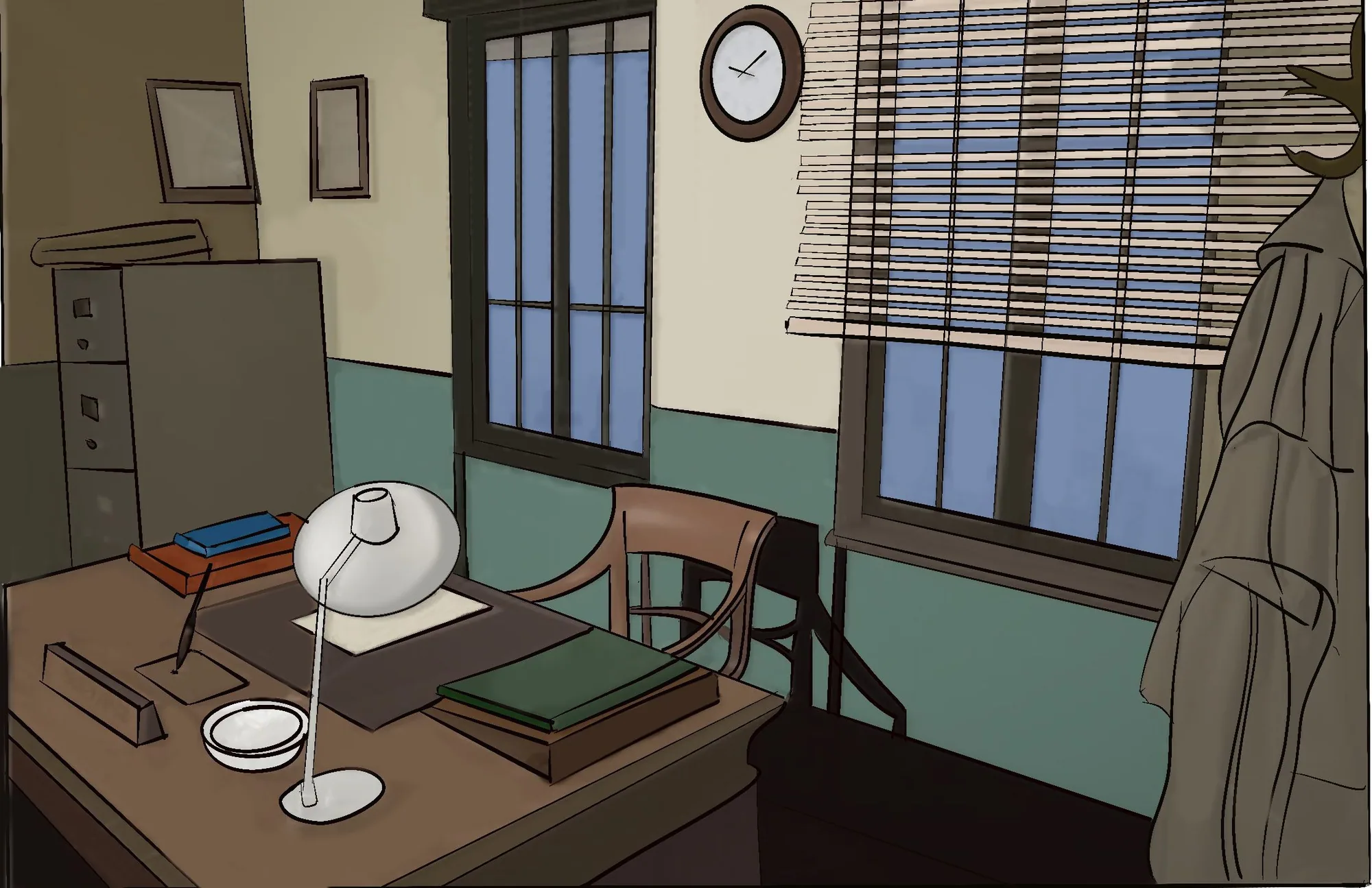 Illustration of the detective's office: a desk with a lamp, filing cabinets, a clock and a coat on a stand.