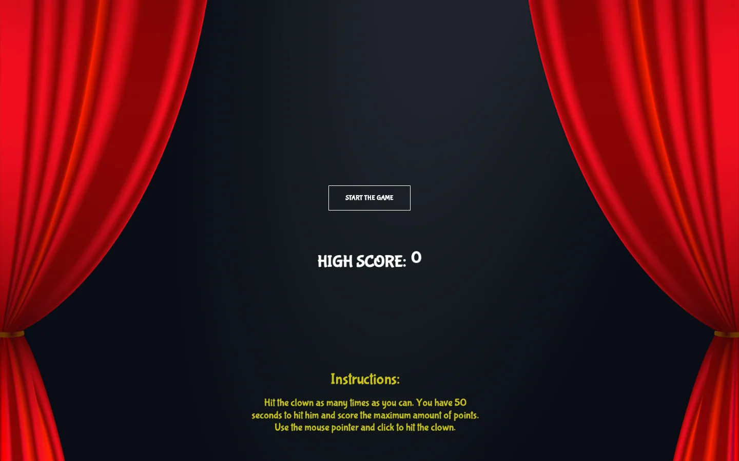 Start screen: red theatre curtains, a start button, the high score and the instructions.