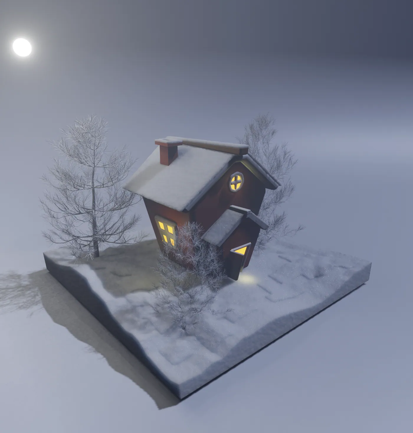 The house from above, with frosted trees.