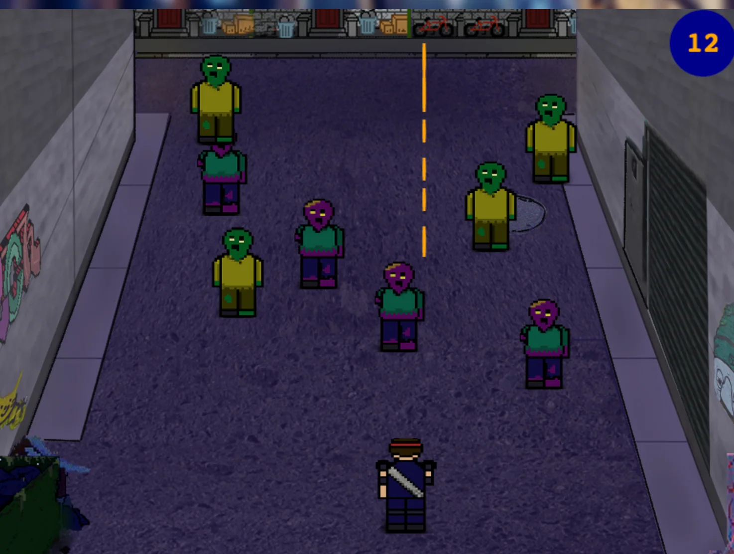 Gameplay: a soldier at the bottom of a purple alley shoots at pixel-art zombies coming towards him; the score is in the top corner.