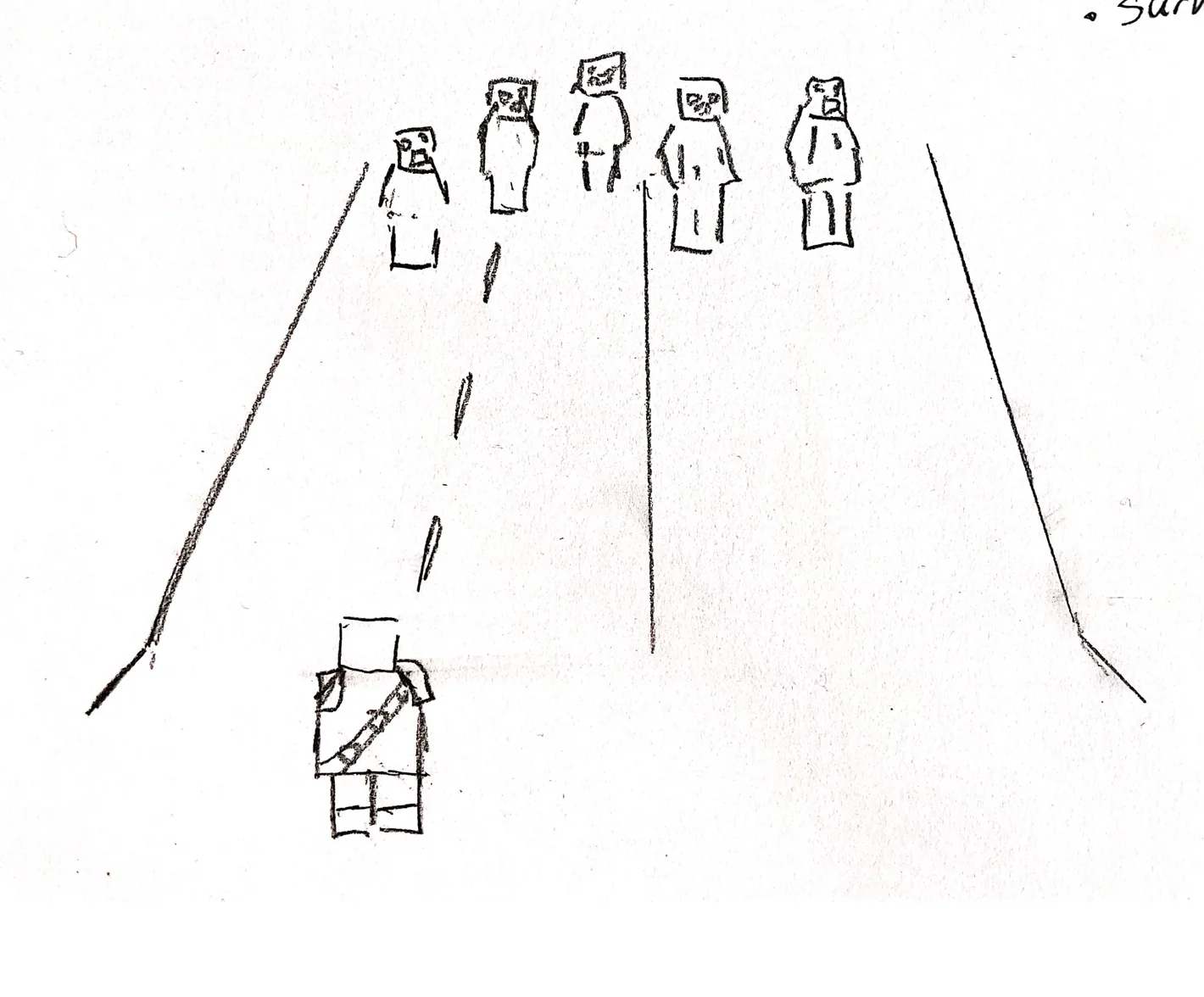 Pencil sketch of the layout: the soldier at the bottom of a road, zombies coming from the top.