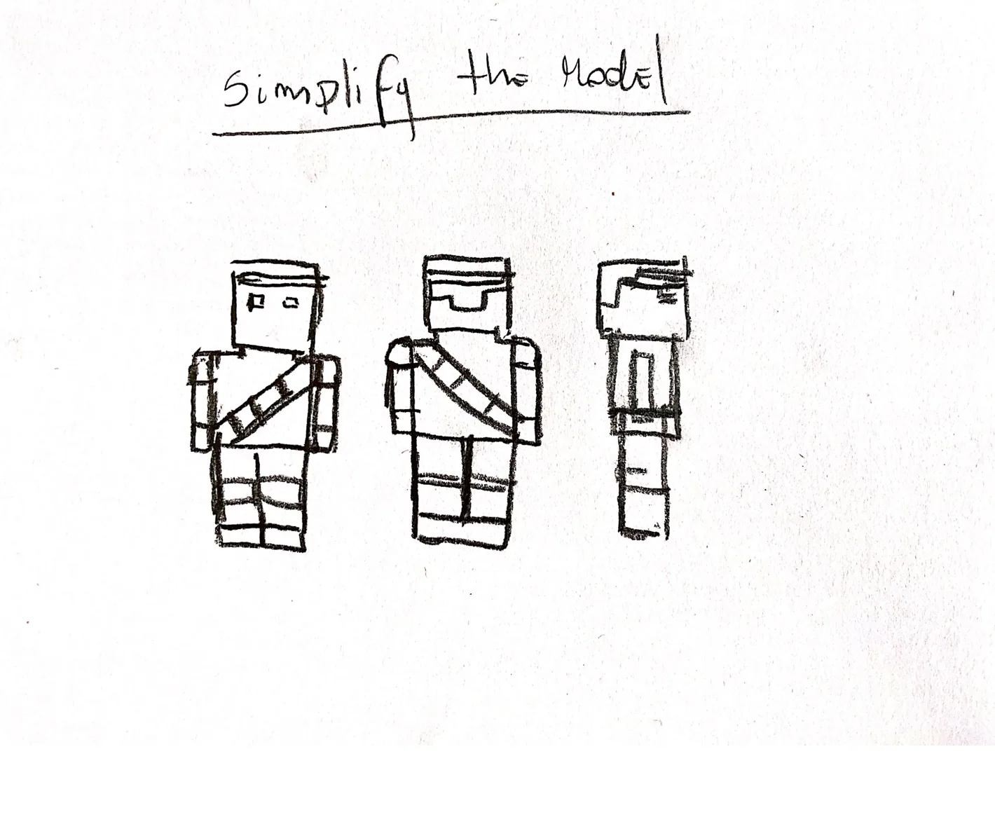 Pencil sketch titled “Simplify the model”: line drawings of the blocky soldier.