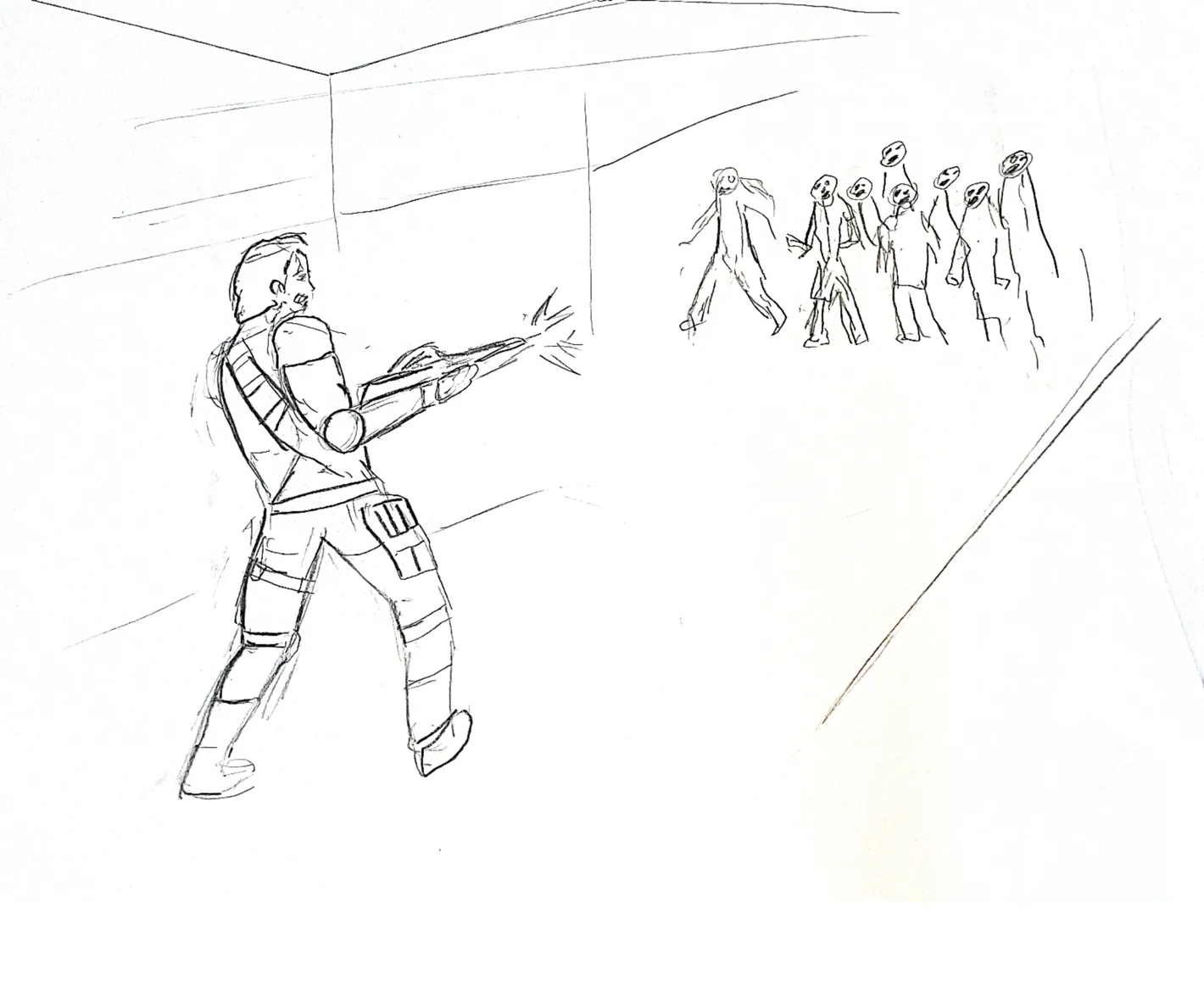 Pencil sketch: a soldier fires a machine gun at a group of zombies at the end of an alley.