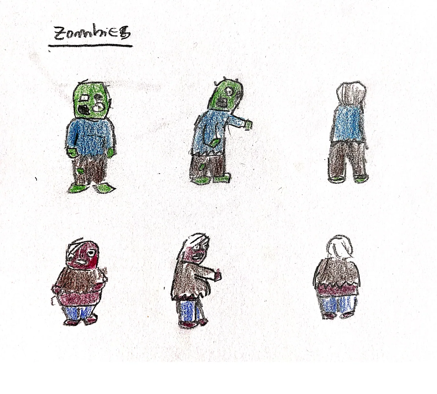 Coloured pencil sketches of two zombie designs, from the front, the side and behind.