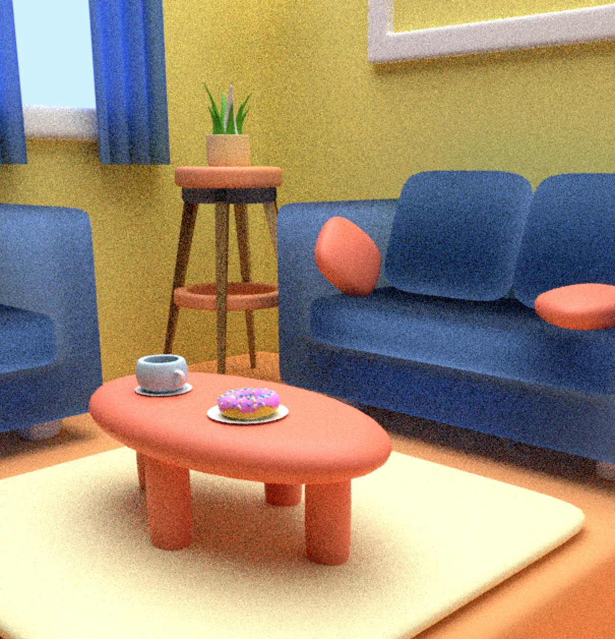 Close view of the sofa and the coffee table with a doughnut.