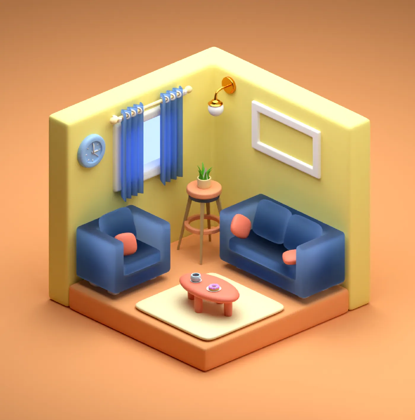 Isometric room with blue sofas, a coral coffee table and yellow walls.