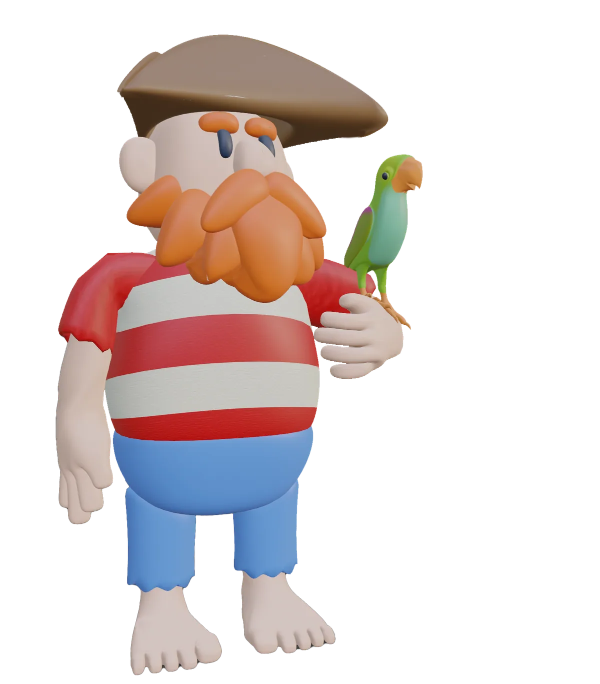 Pirate Barry, a round cartoon pirate with a red beard and striped shirt, holding his green parrot.