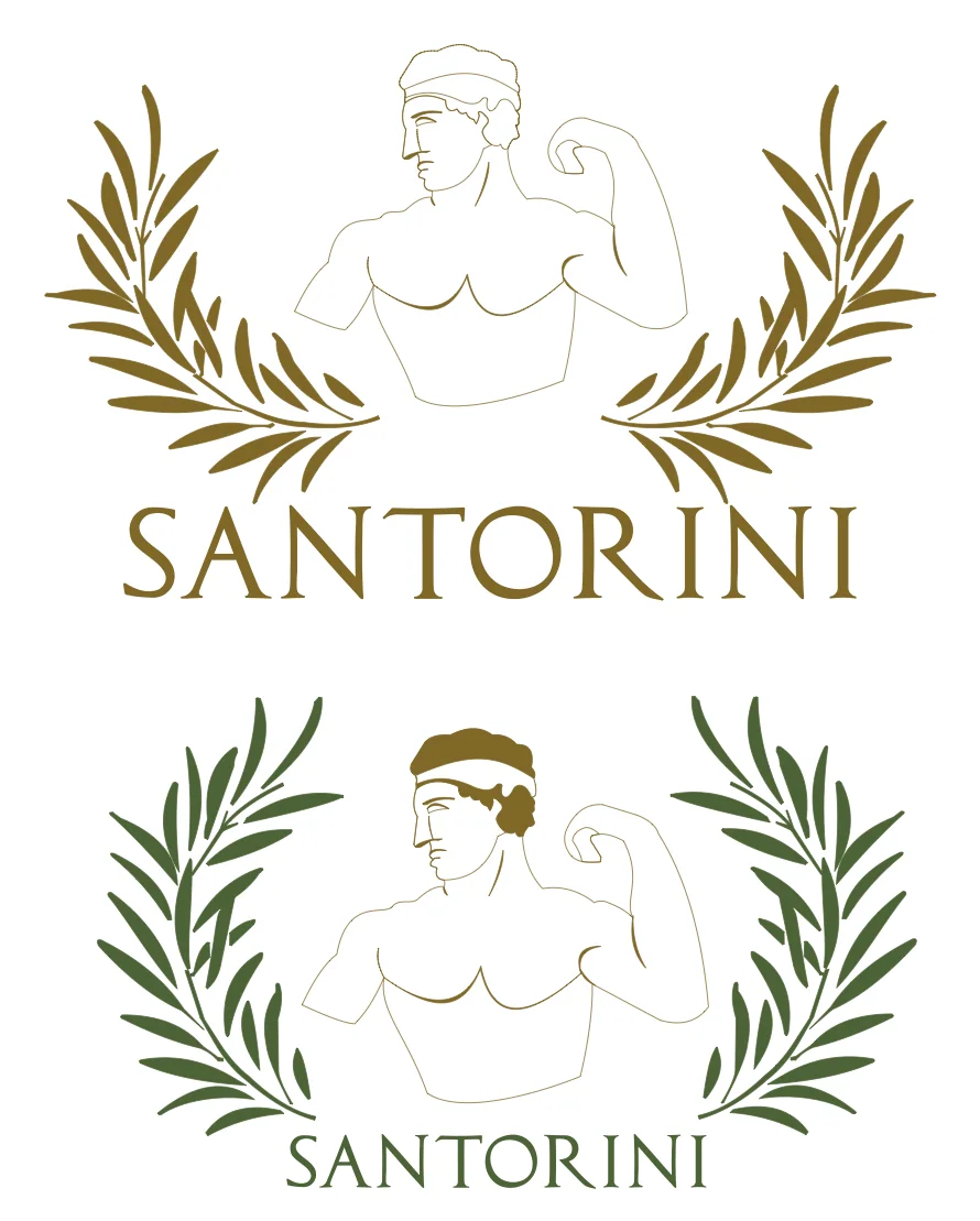 The athlete logo in two colour versions, gold and olive green, with the olive wreath and the name SANTORINI.