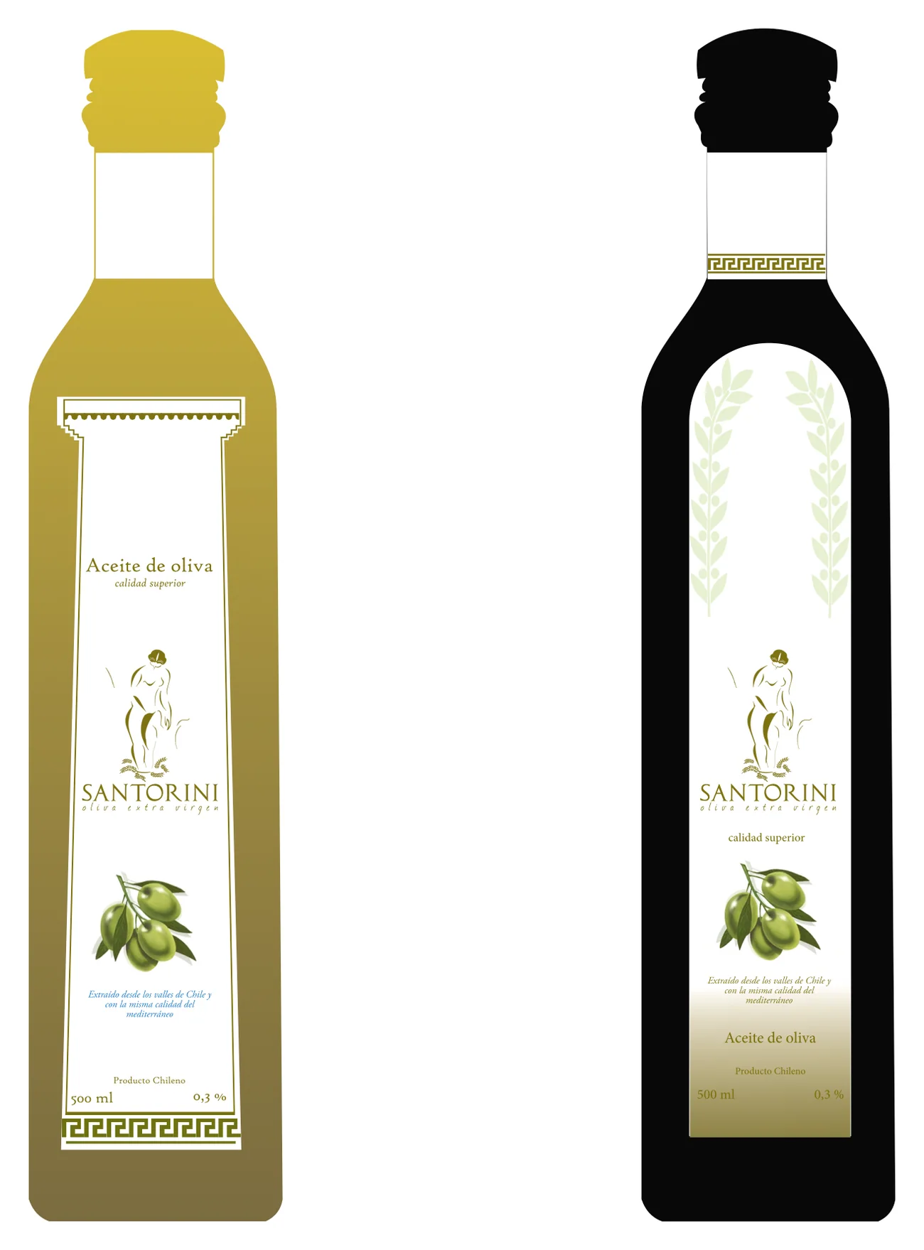 Two bottles with label studies: an olive-green one with a yellow cap and a black one, both with a white label and the Venus logo.
