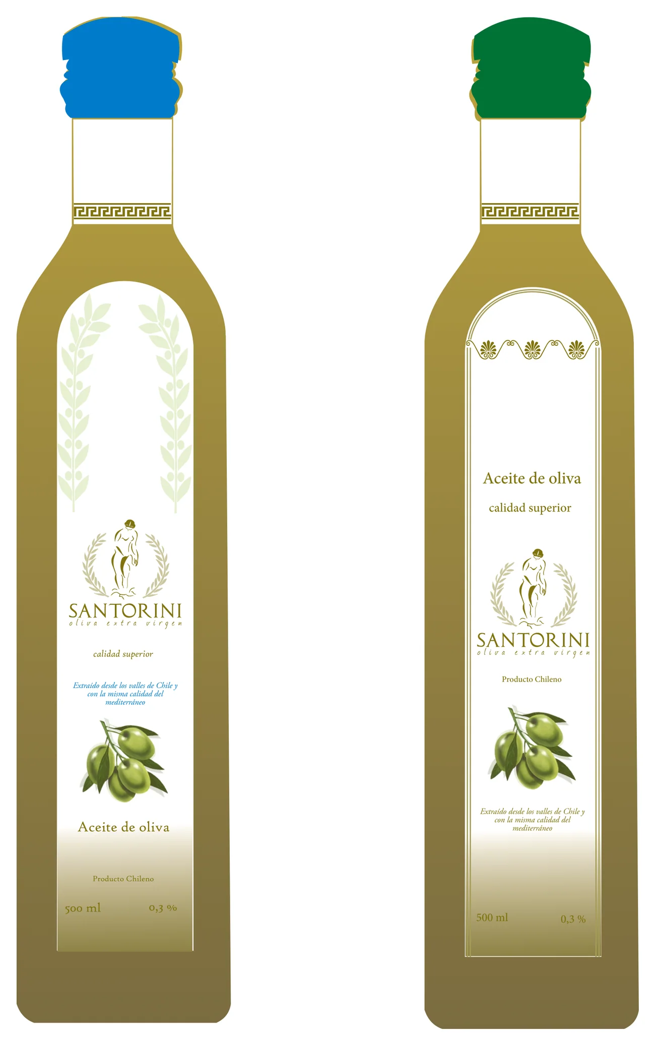 Two bottles with a blue and a green cap and arched labels with olive branches, the logo and a photo of olives.