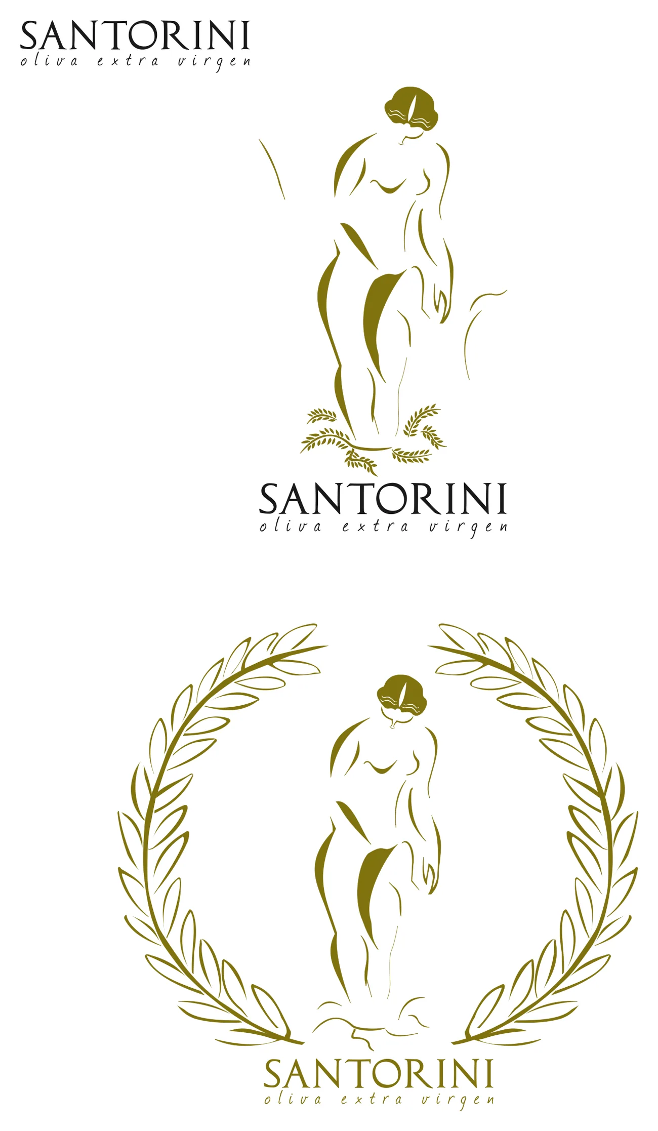 Logo studies with a standing Venus in gold lines, alone and inside an olive wreath.