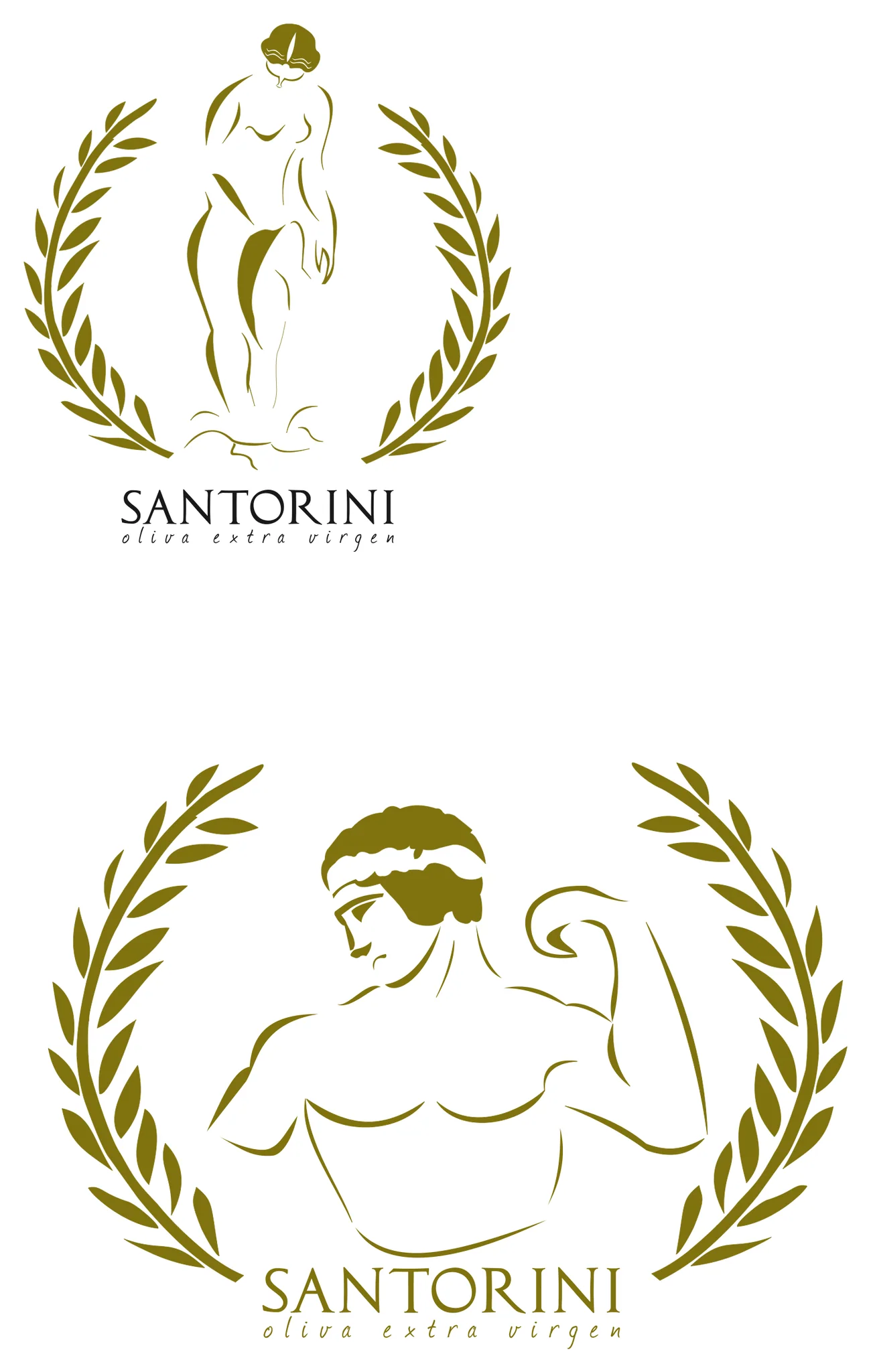Two logo studies: the Venus and an athlete flexing his arm, each inside an olive wreath.