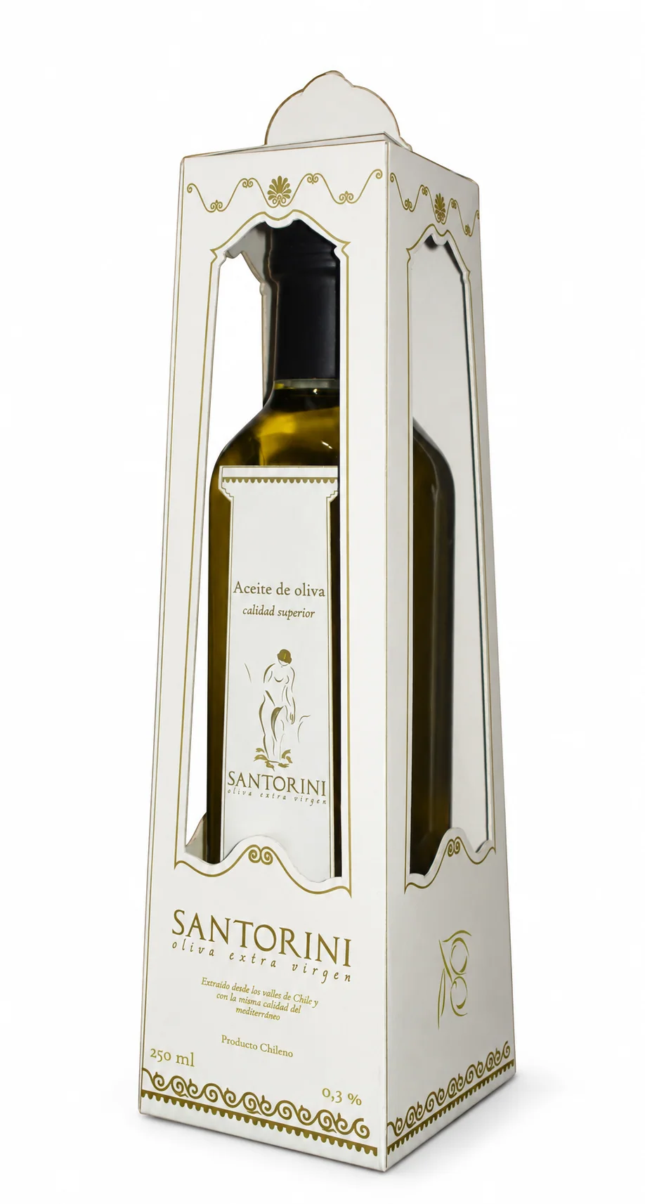 White box for the Santorini bottle, with a window showing the bottle and the logo.