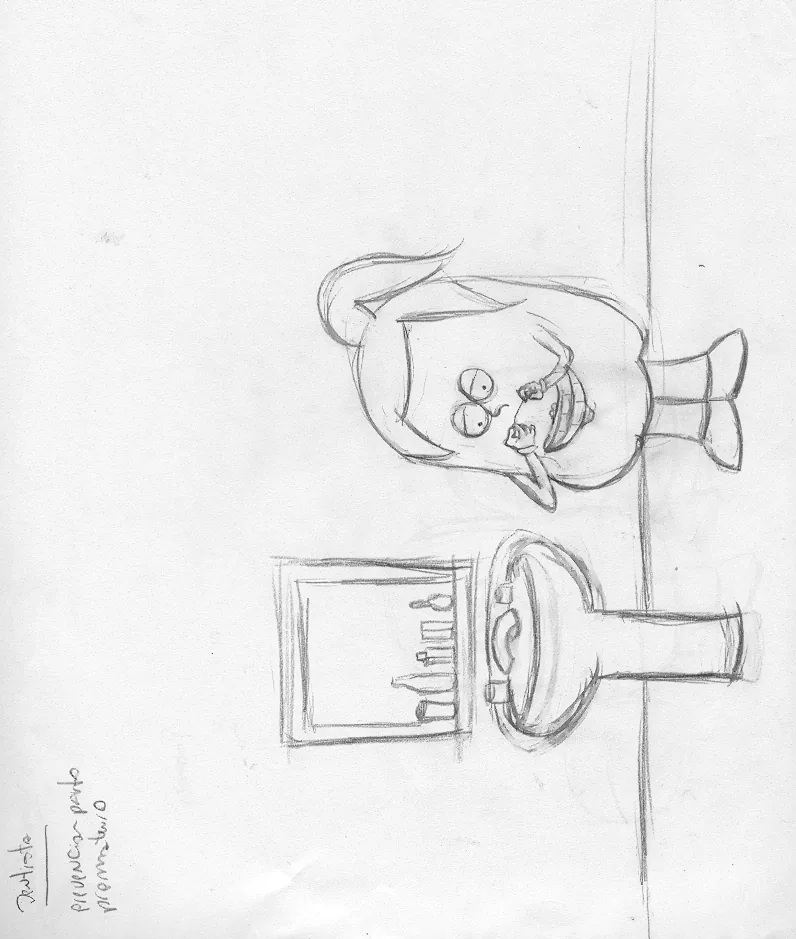 Pencil sketch of a character brushing teeth at a sink.