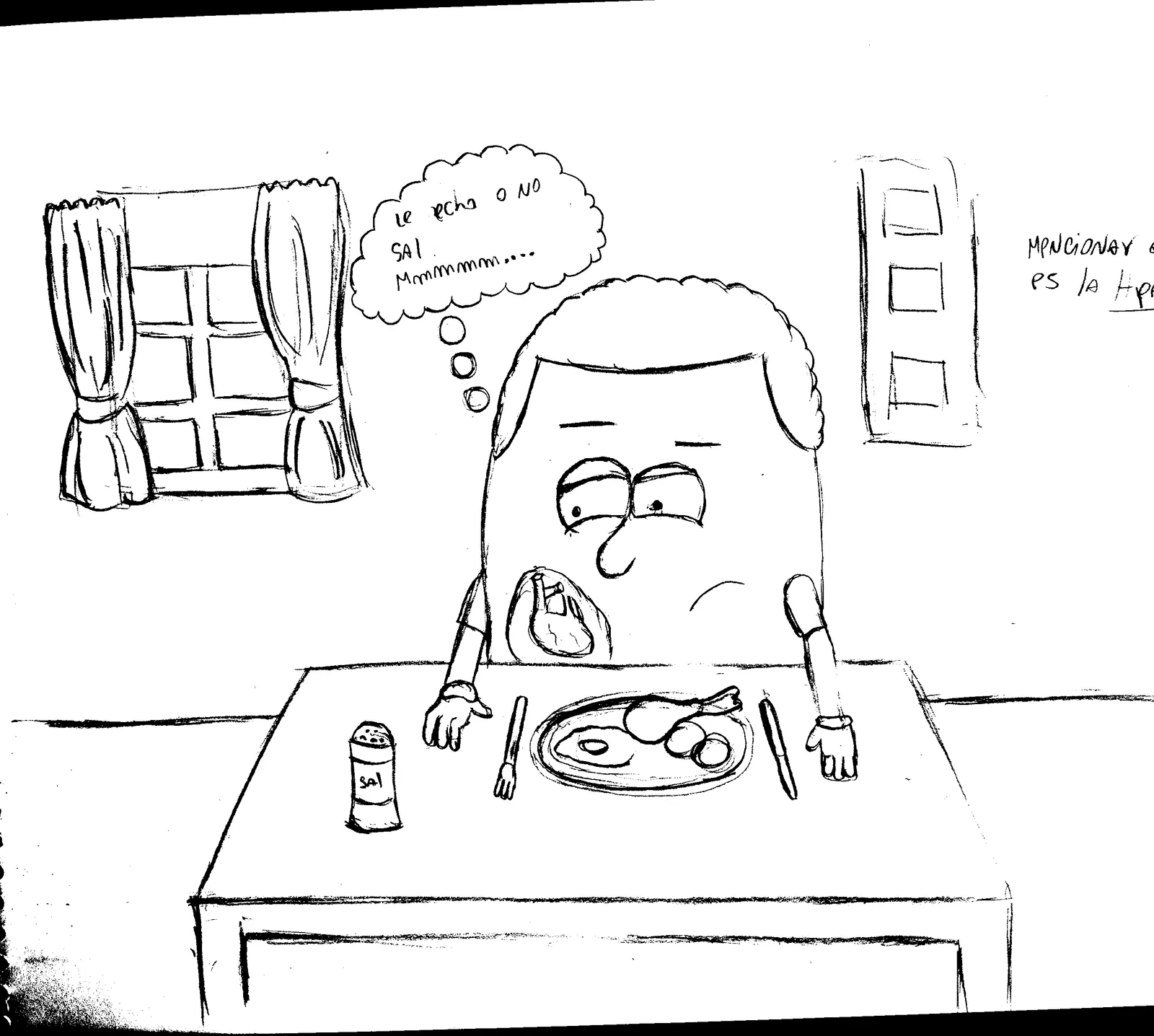 Pencil sketch of a kitchen scene with a speech bubble.